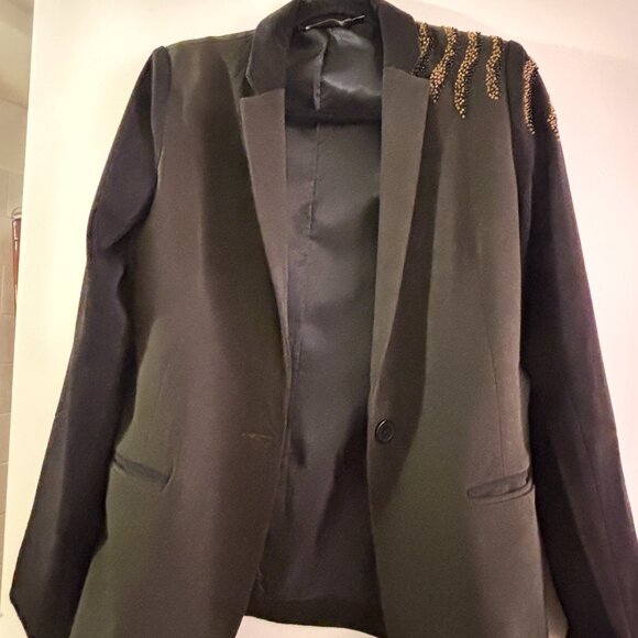 Ark & Co Jackets & Blazers - Ark & Co Green and Black Zebra Embellished Shoulder Blazer Size Small
